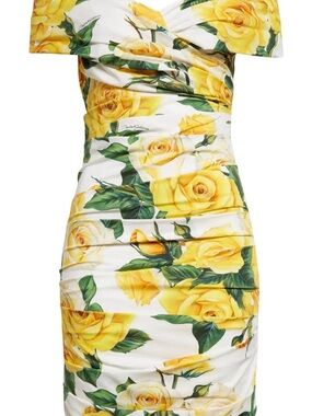 Dolce & Gabbana Yellow Rose Print Off the Shoulder Ruched Dress